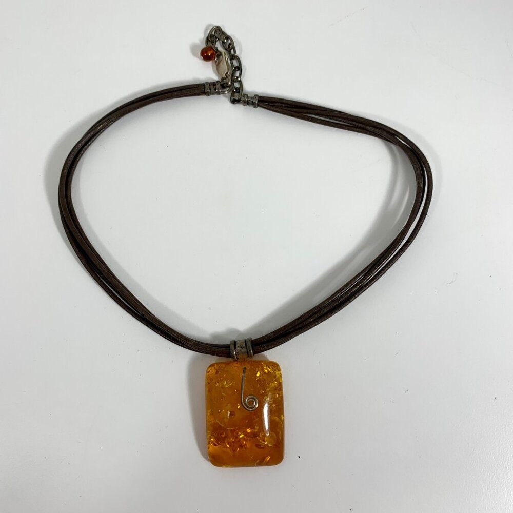 Amber Resin Pendant Necklace With Multi-Strand Brown Cord & Swirl Wire Accent
